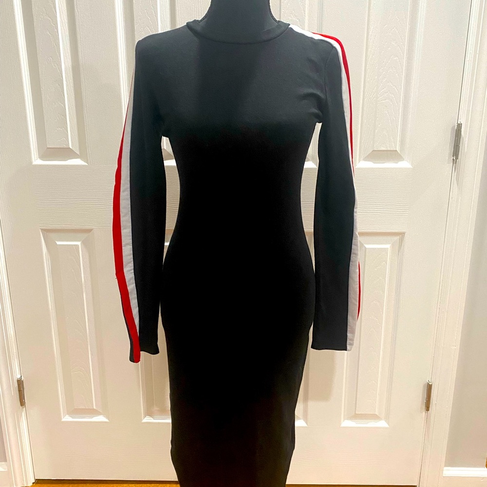 Zara Black Dress with Red and White Sleeve Stripes